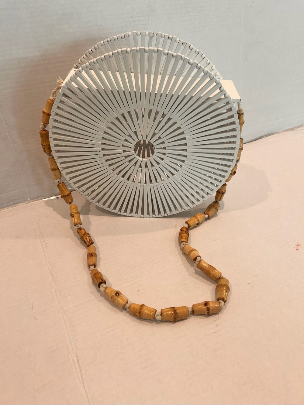Round Woven Crossbody Bag with Bamboo-Bead Strap - White